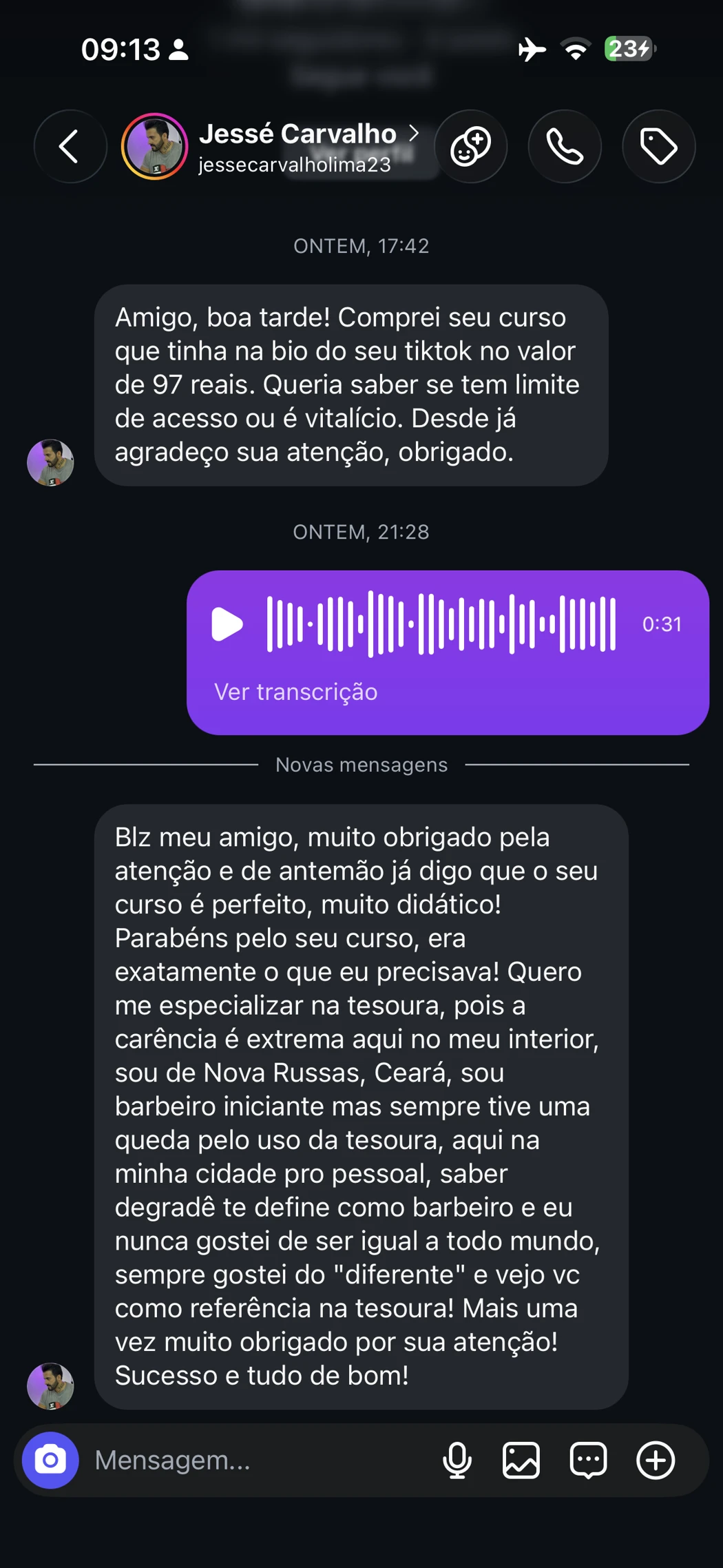 Mensagem de Jessé sobre a didática do curso