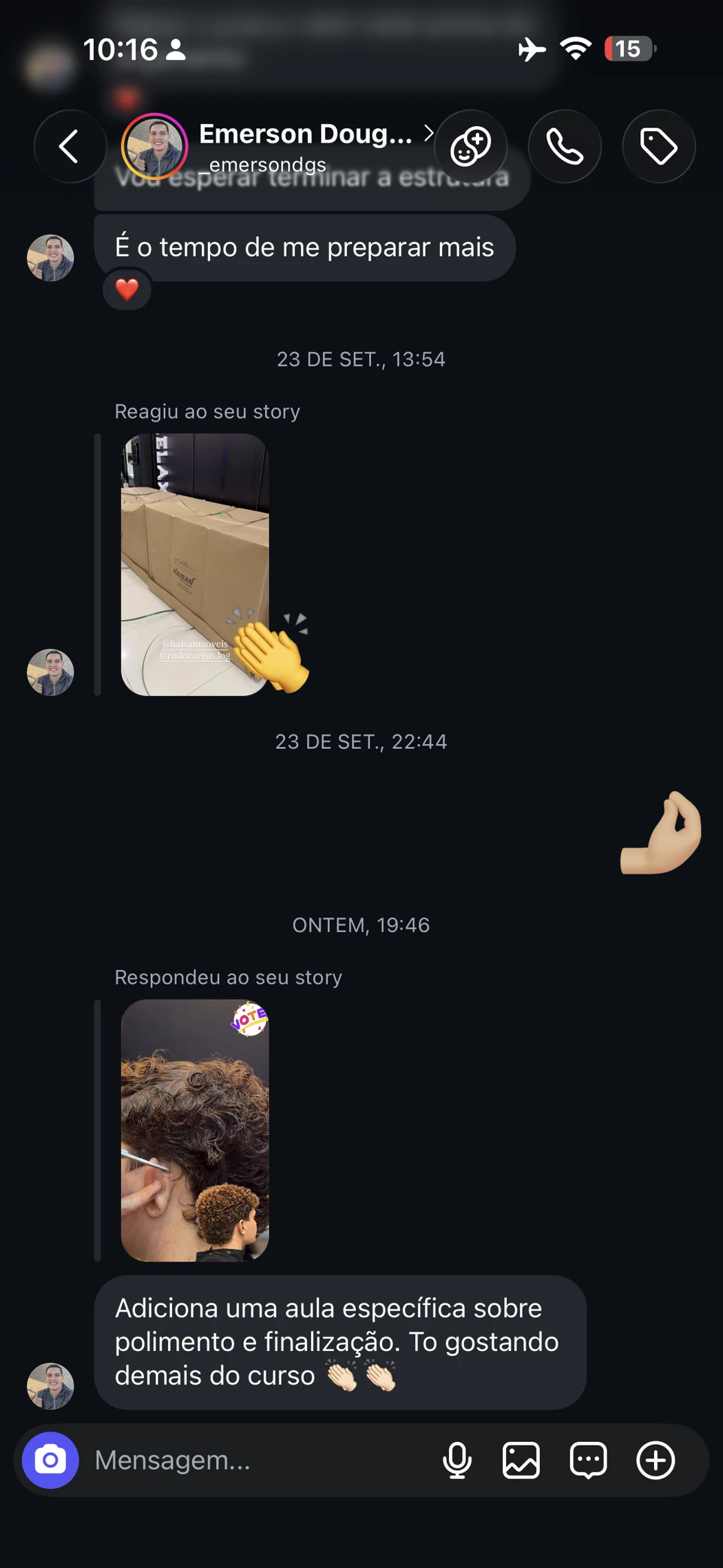Conversa com fotos de cortes e relato sobre as explicações