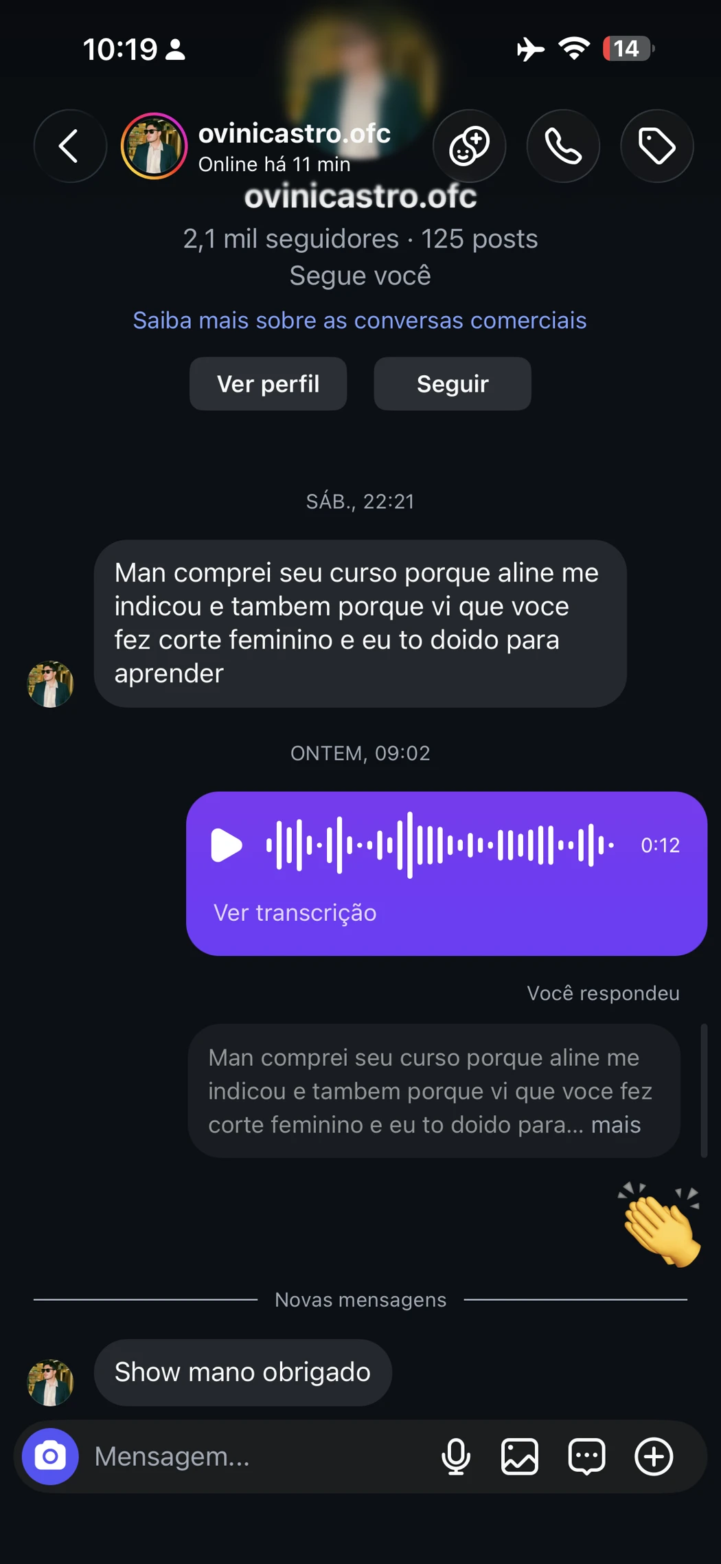 Mensagem recebida por Lucas sobre a compra do curso