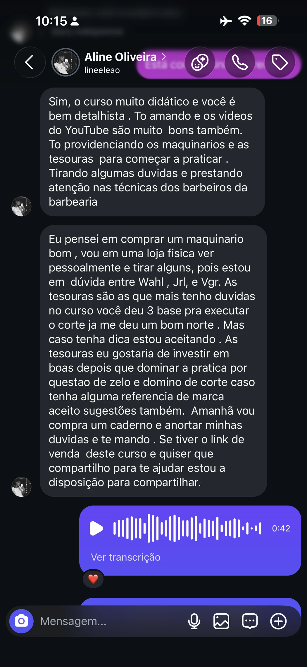 Mensagem de Aline sobre a didática e o aprendizado