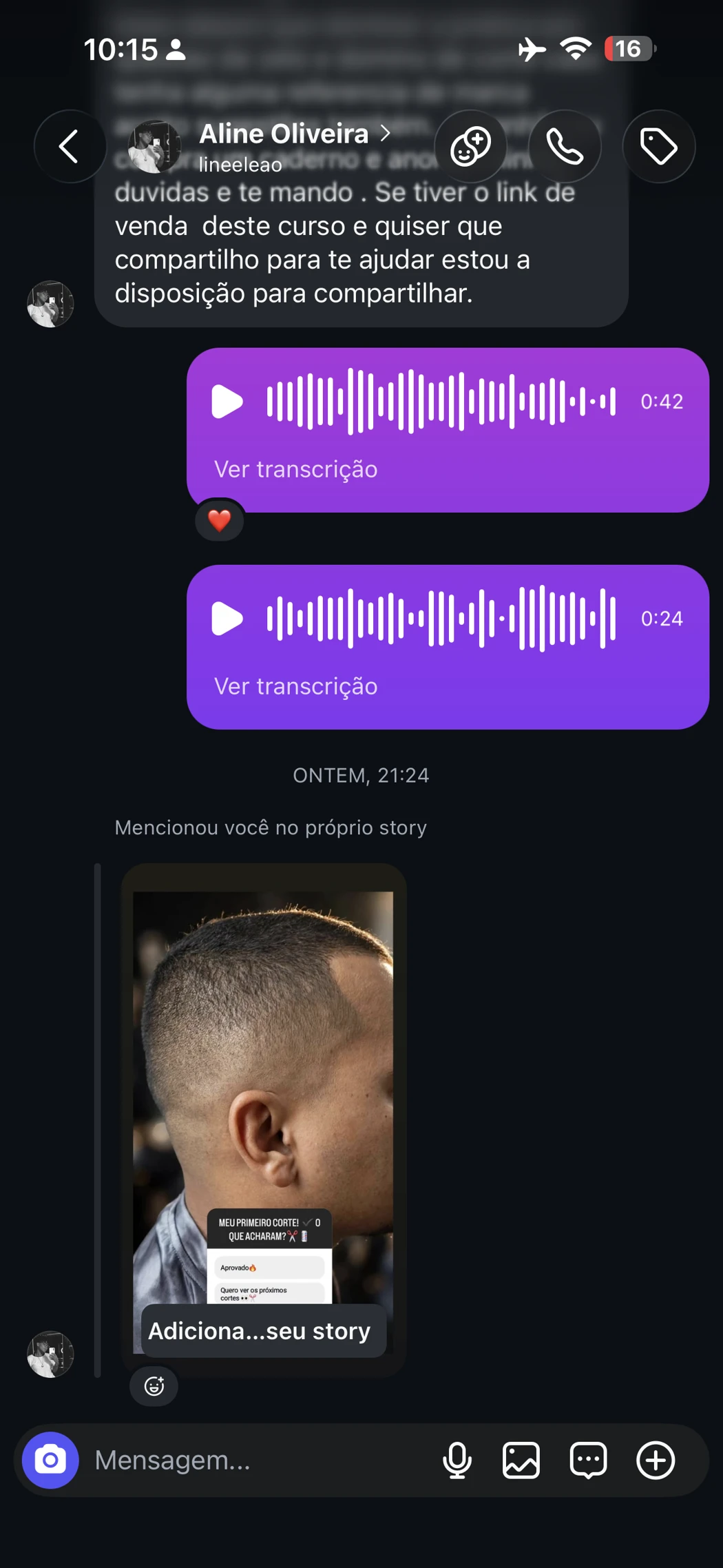 Continuação de conversa com foto de corte